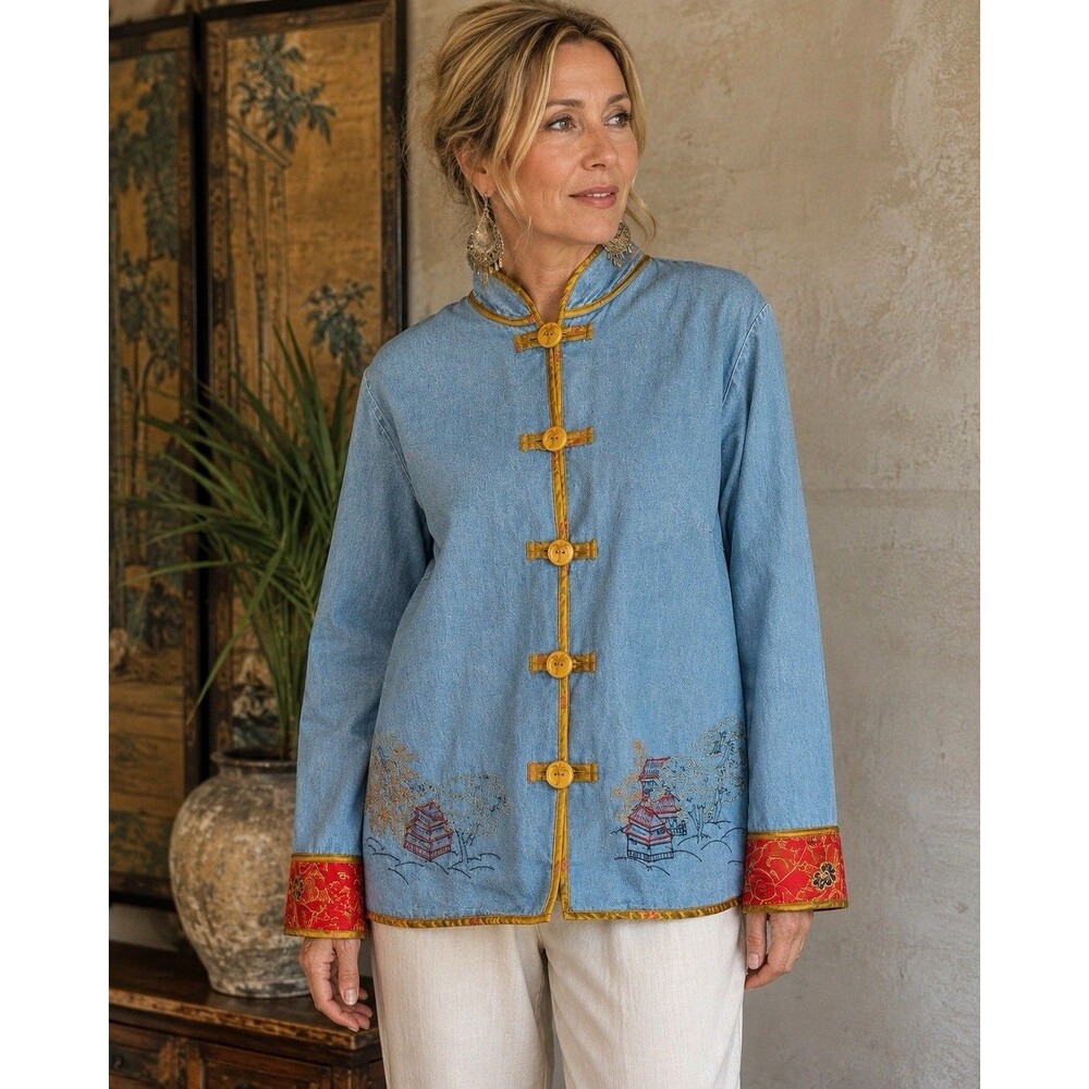 Hearts of Palm Vintage Denim Mandarin Collar Jacket Pagoda Embroidered Size 12